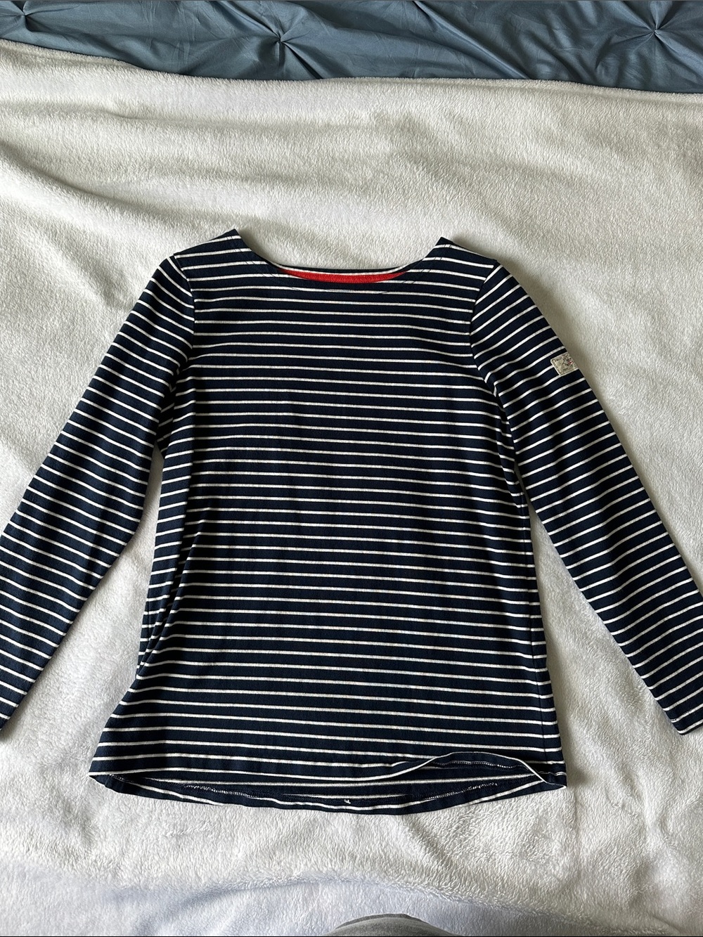 Joules Navy & White Striped Long-Sleeve Top with Red Neck Trim